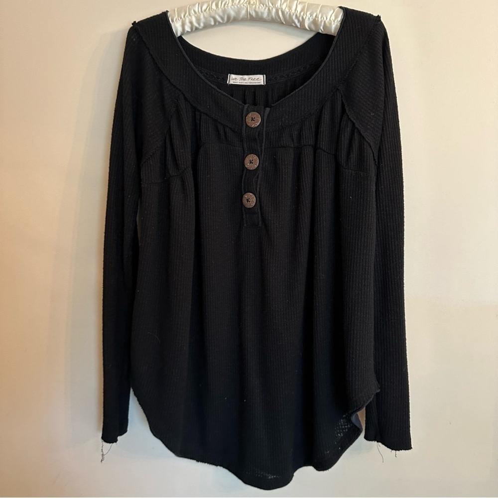 Free People We the Free cotton womens black thermal long sleeve top size…